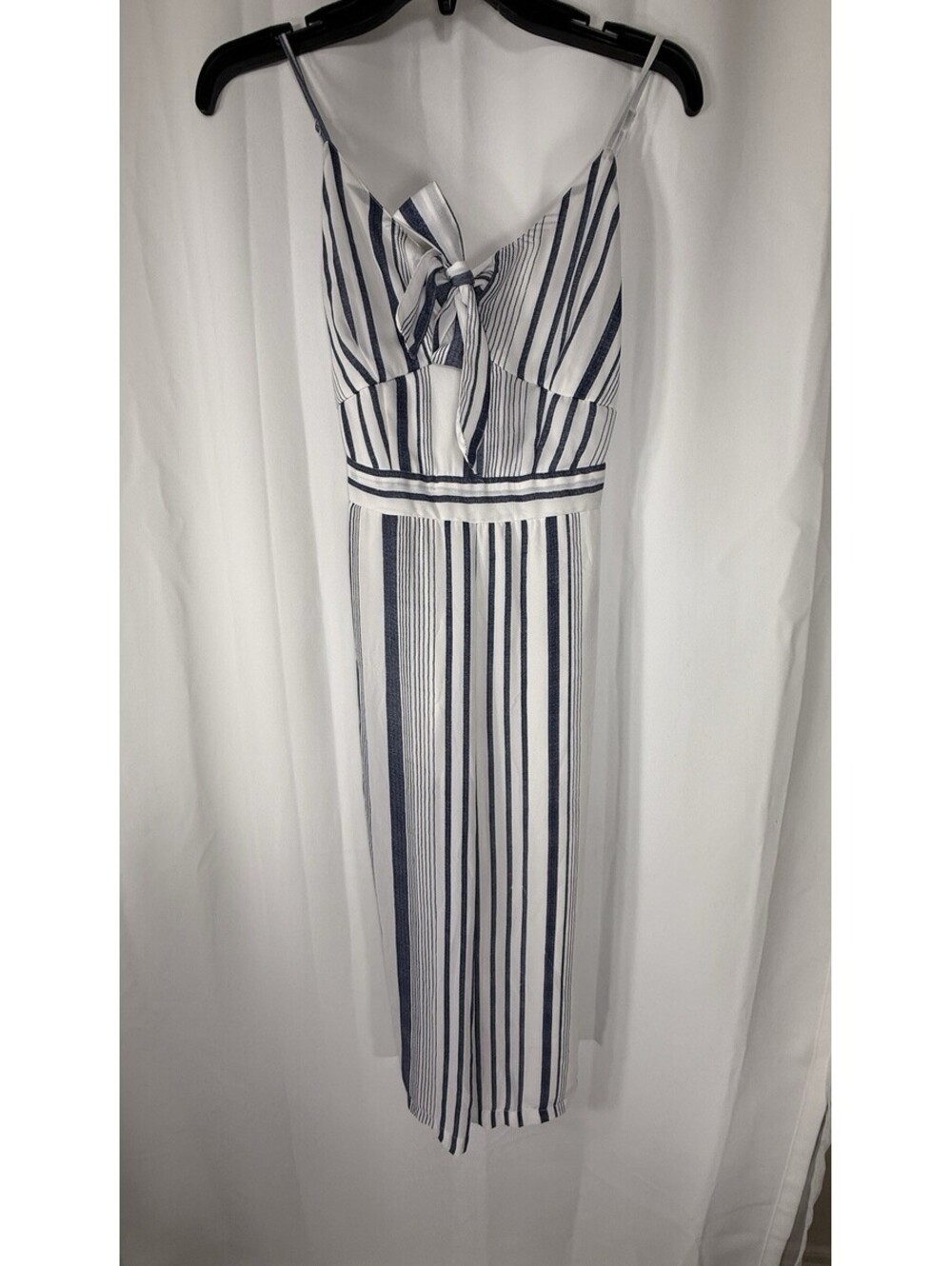 Japna Small Navy White Striped Wide Leg Jumpsuit Tie Front Smocked Resort